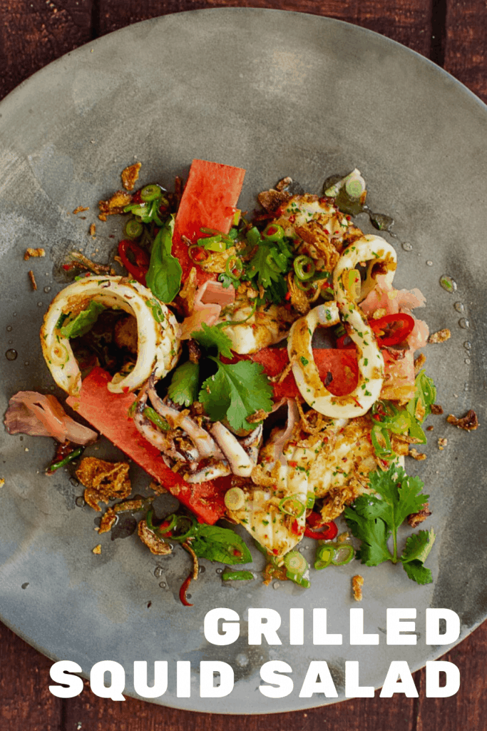 grilled squid salad on a made of australia plate