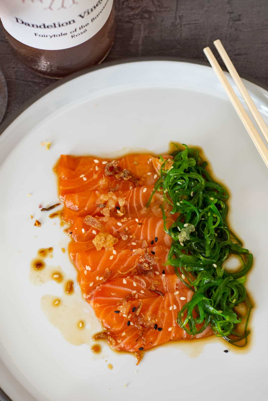 salmon crudo, wakame salad & a botle of dandelion rose