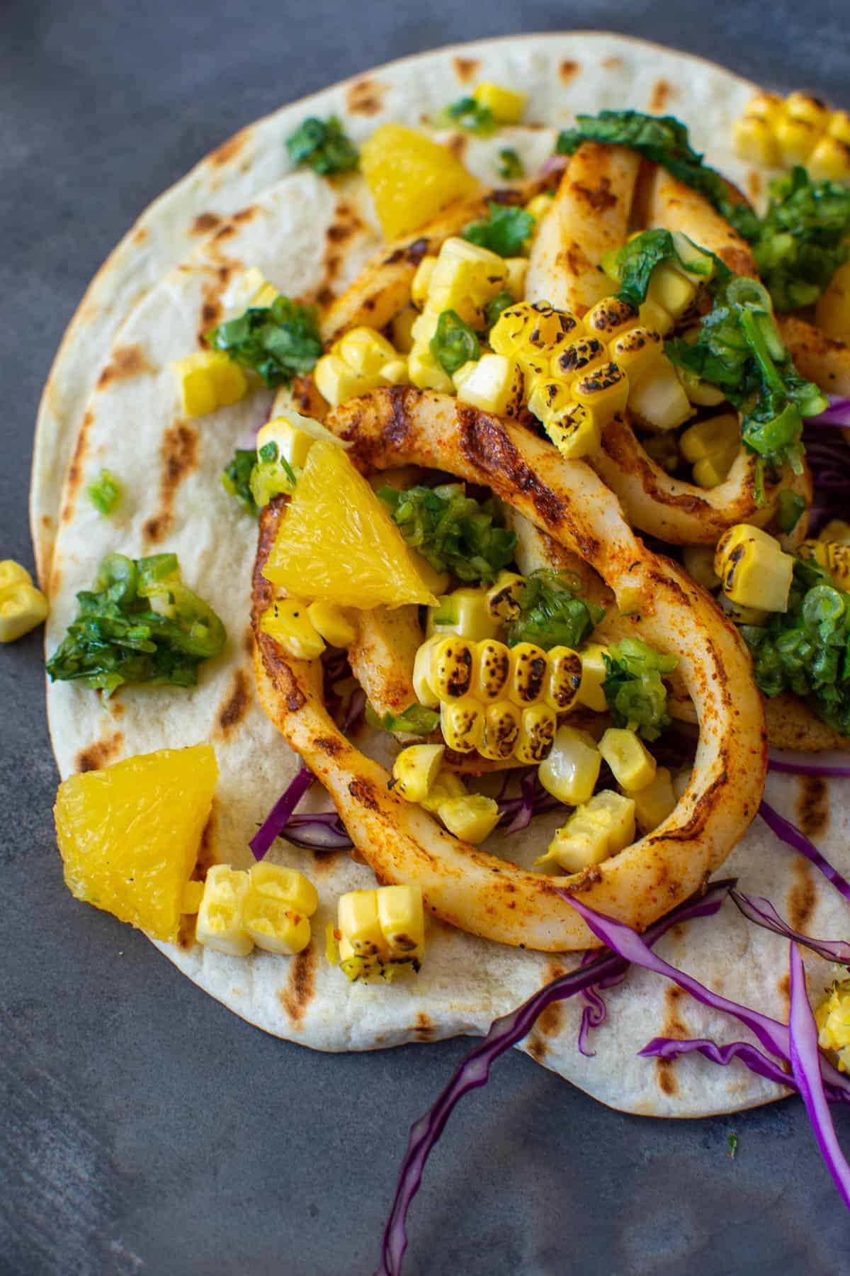 calamari, corn & orange tacos