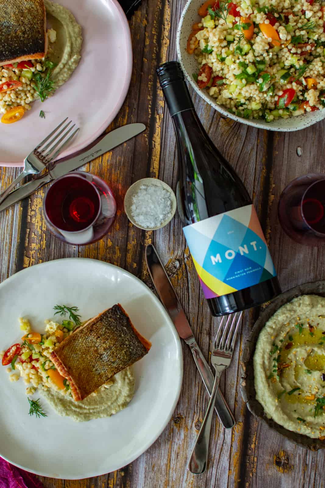 Moroccan salmon, baba ghanoush, pearl couscous & Mont pinot noir