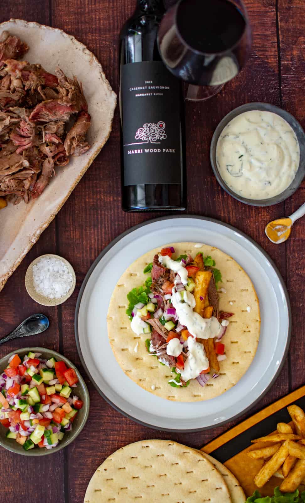 smoked lamb shoulder, lamb yiros & bottle of marri wood cabernet sauvignon