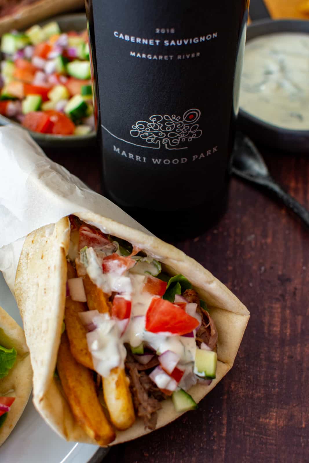 marri wood park cabernet sauvignon and smoked lamb yiros