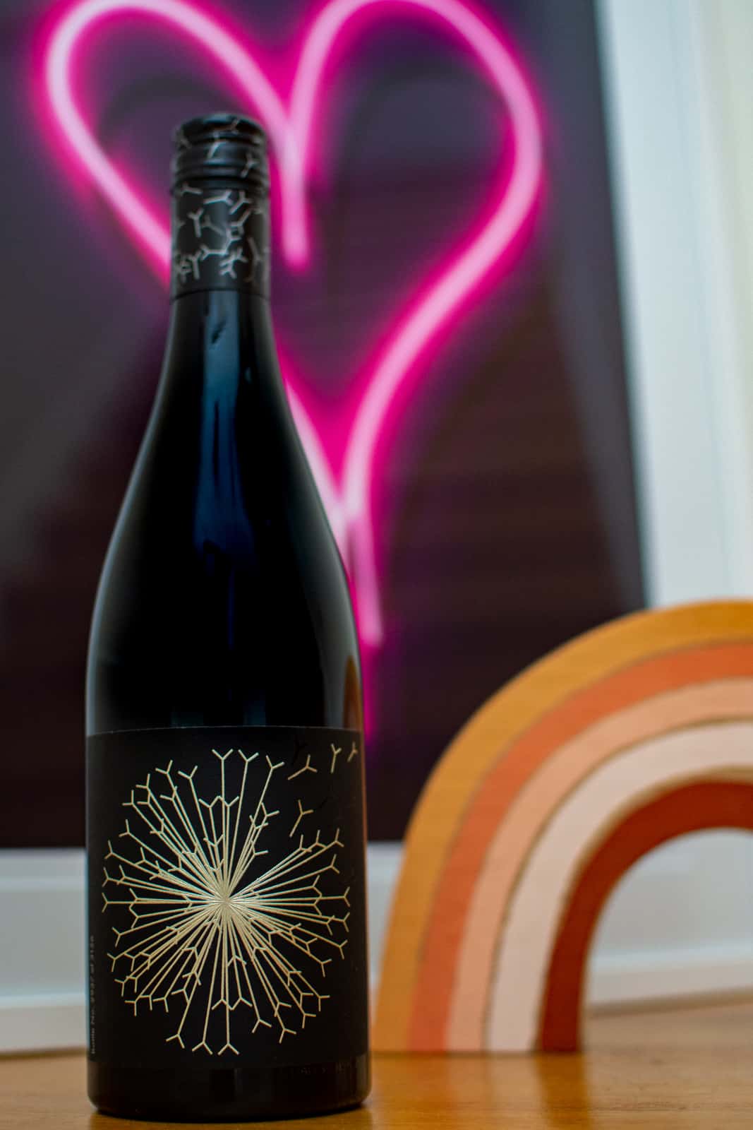 Dandelion moonrise kingdom wine, neon heart and rainbow