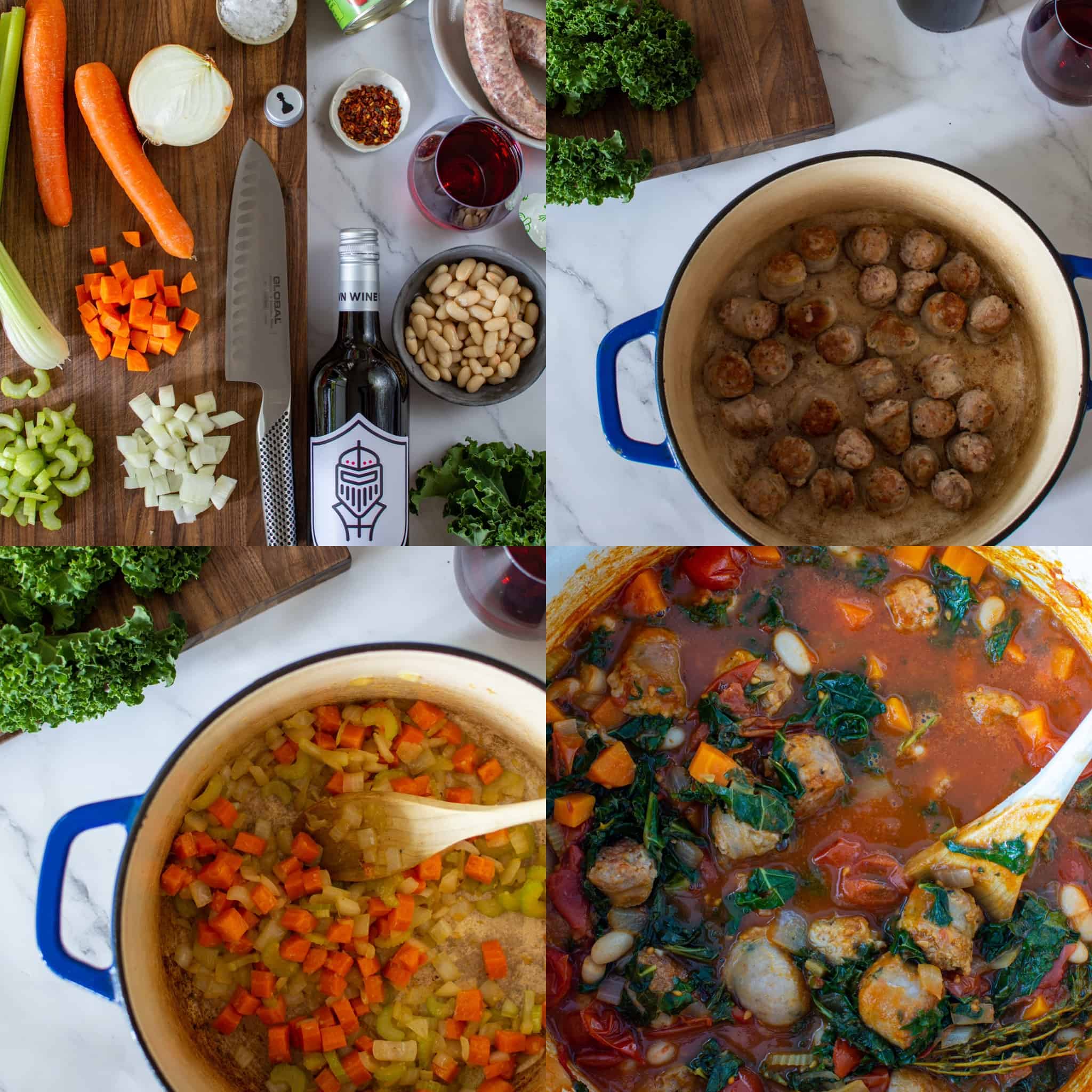 4 images showing how to make tuscan sausage stew
