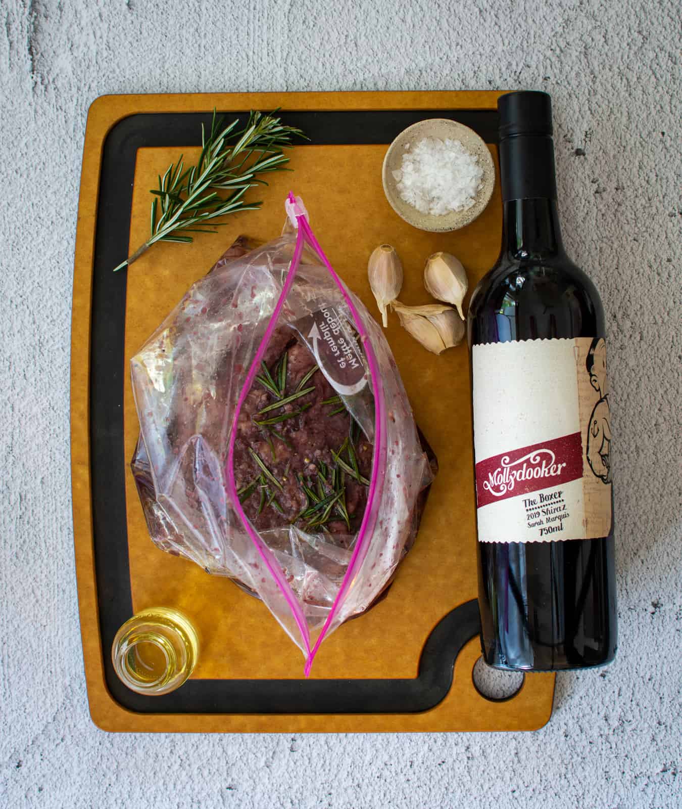 red wine marinated steak & mollydooker wine 