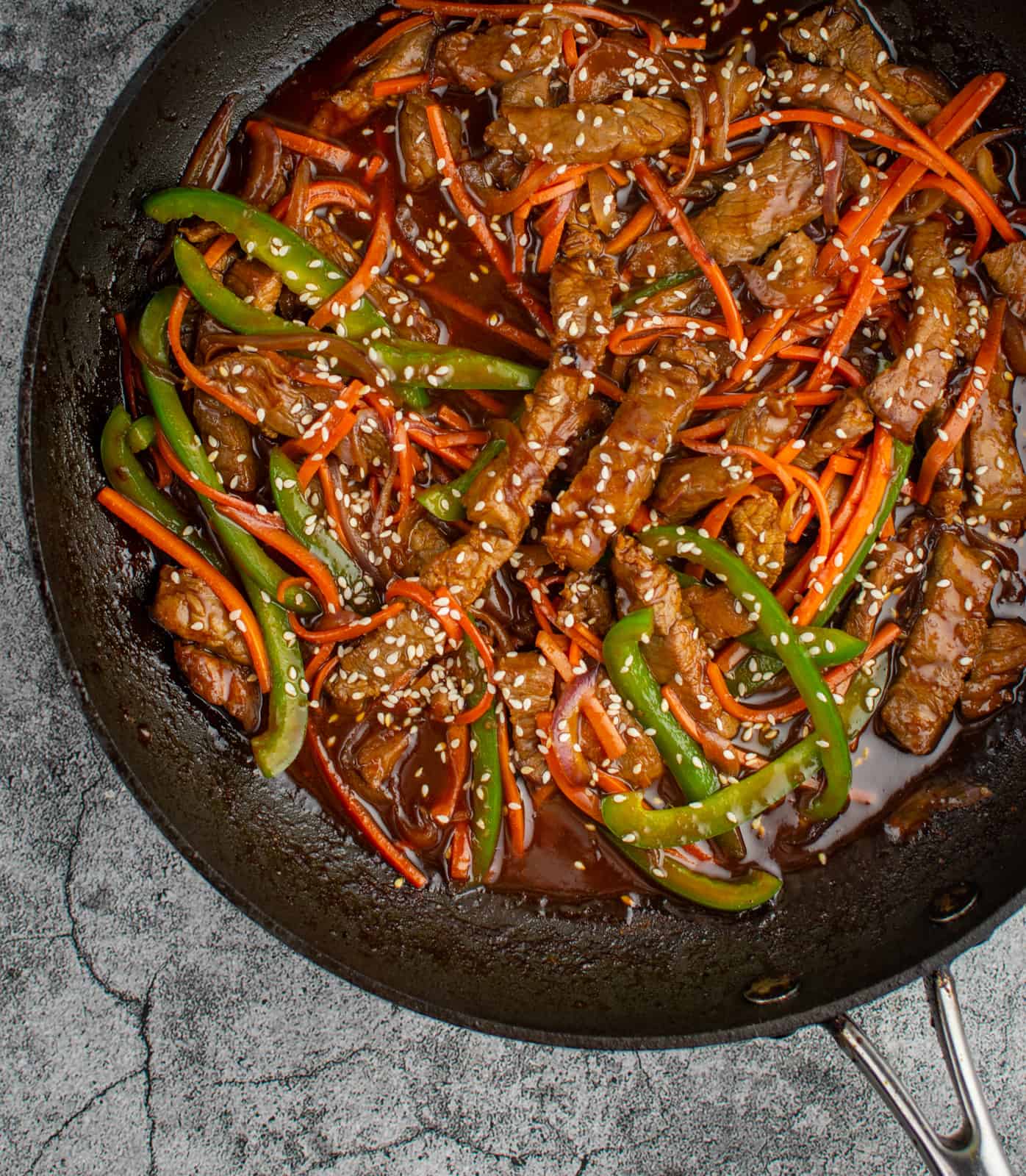 Korean beef stir-fry in a scanpan frying pan 