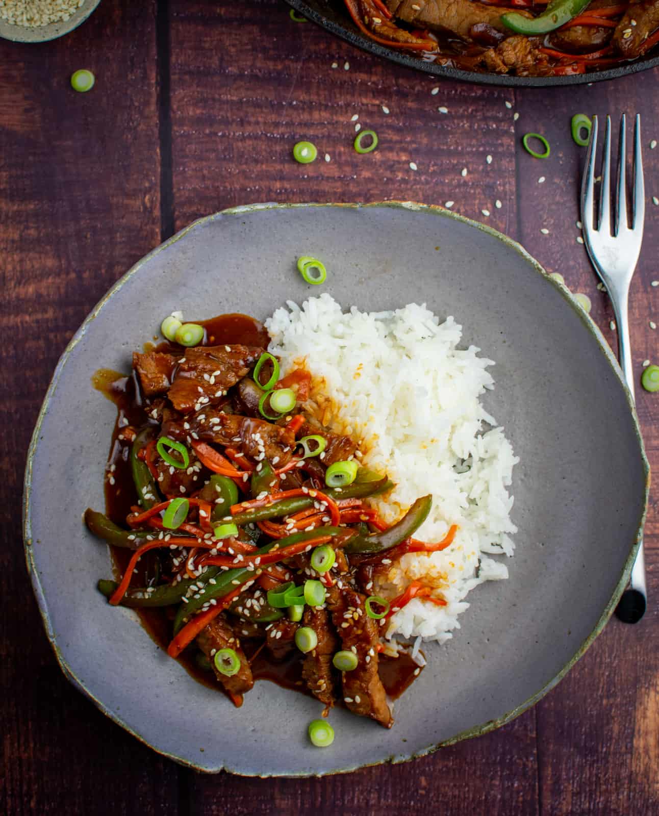 Korean beef stir-fry in a bowl with rice
