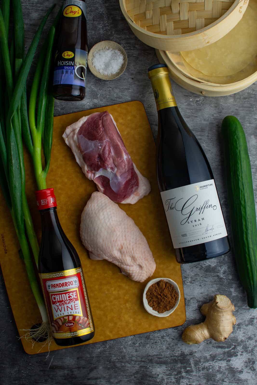 ingredients for peking duck breast on chopping board
