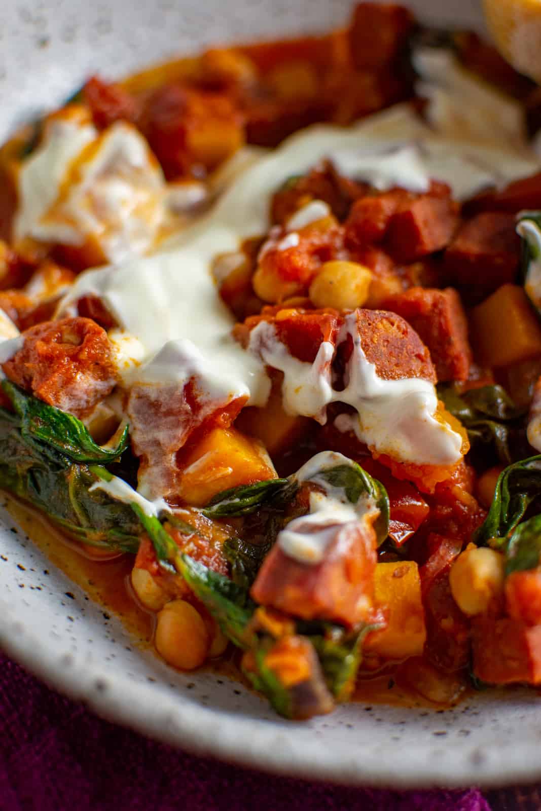 Close up of chorizo stew in a bowl