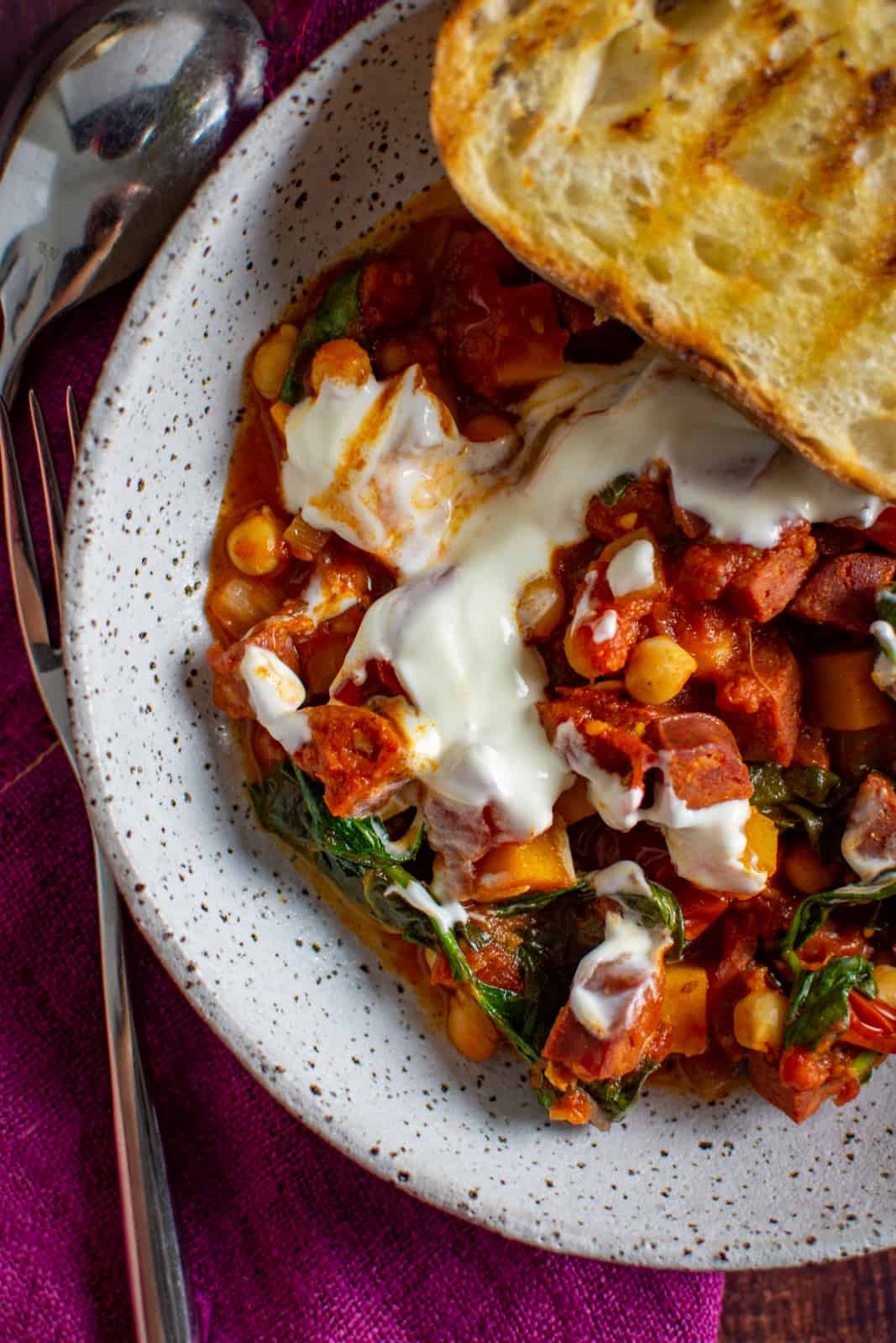 A bowl of chorizo chickpea stew