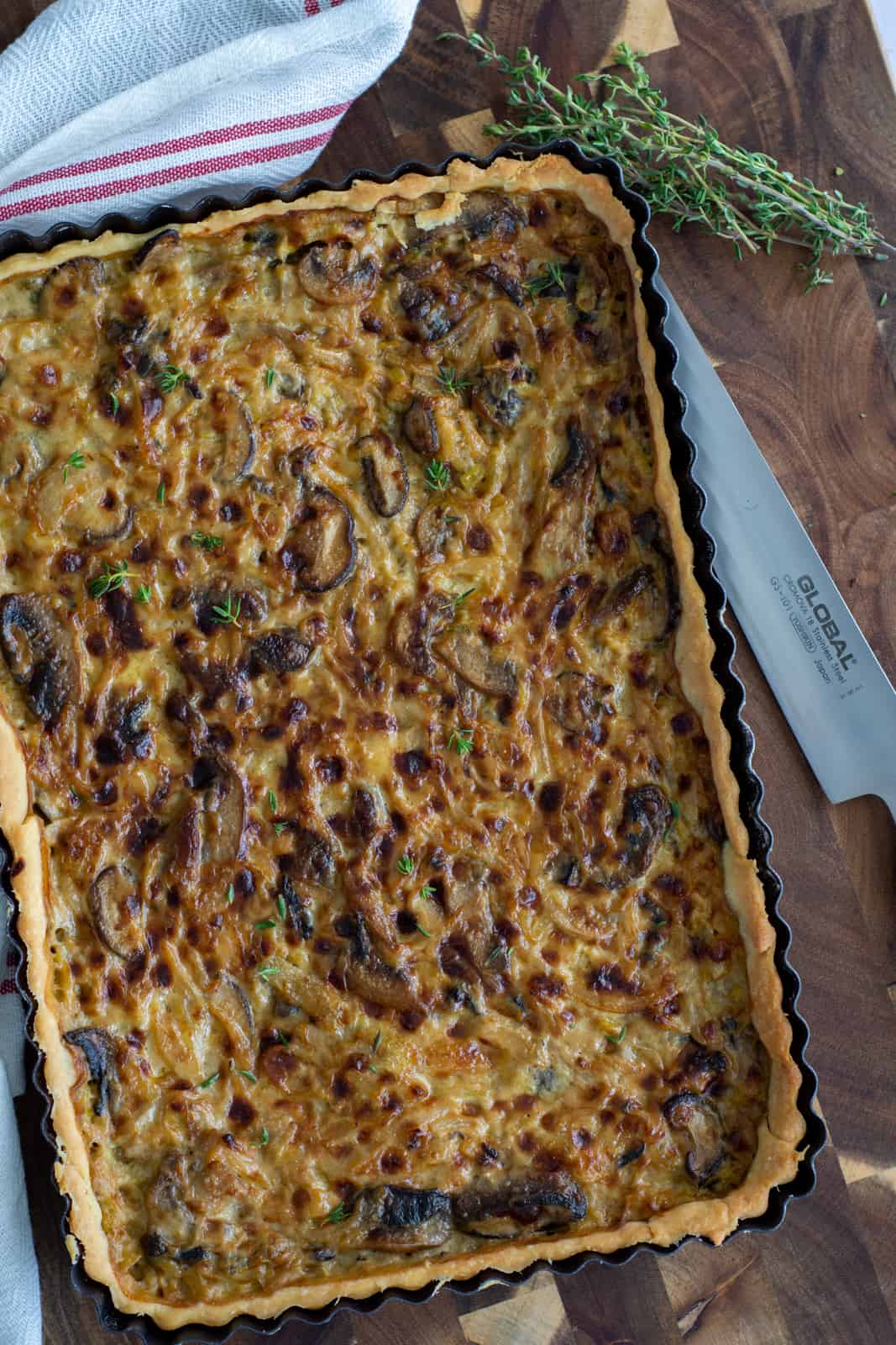 Birdseye view of mushroom leek tartlet