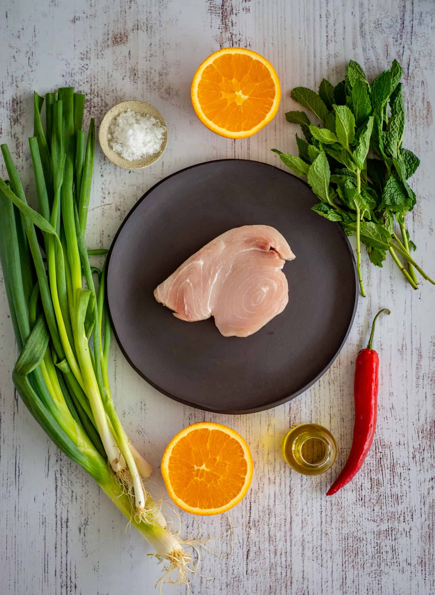 birdseye view of grilled swordfish ingredients