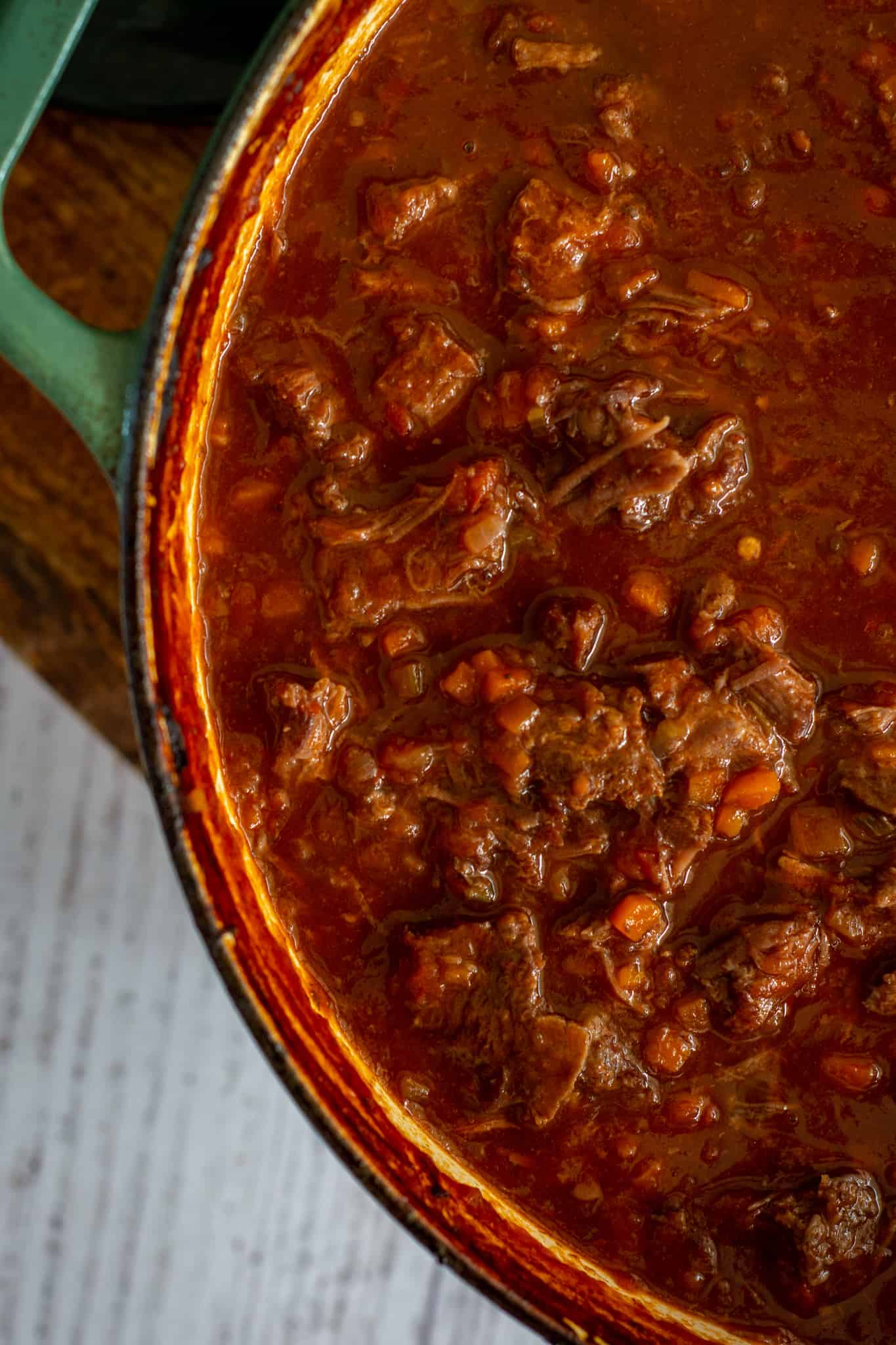 Cooked ragu in a pot 