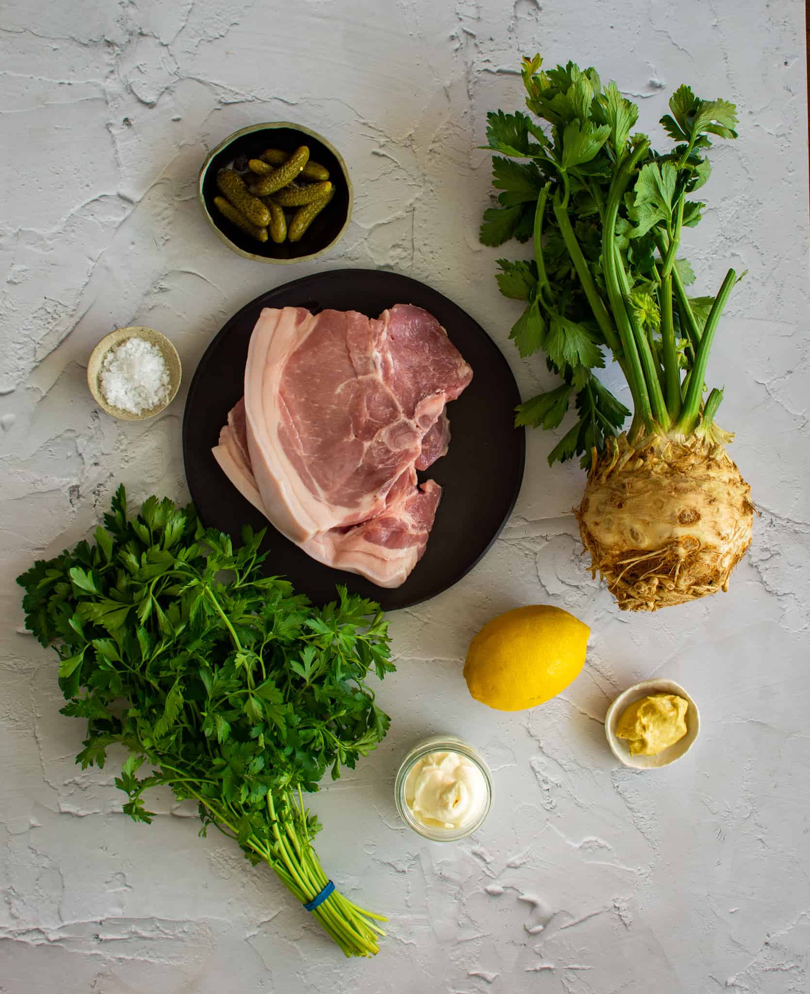 Grilled pork steak and celeriac remoualde ingredients
