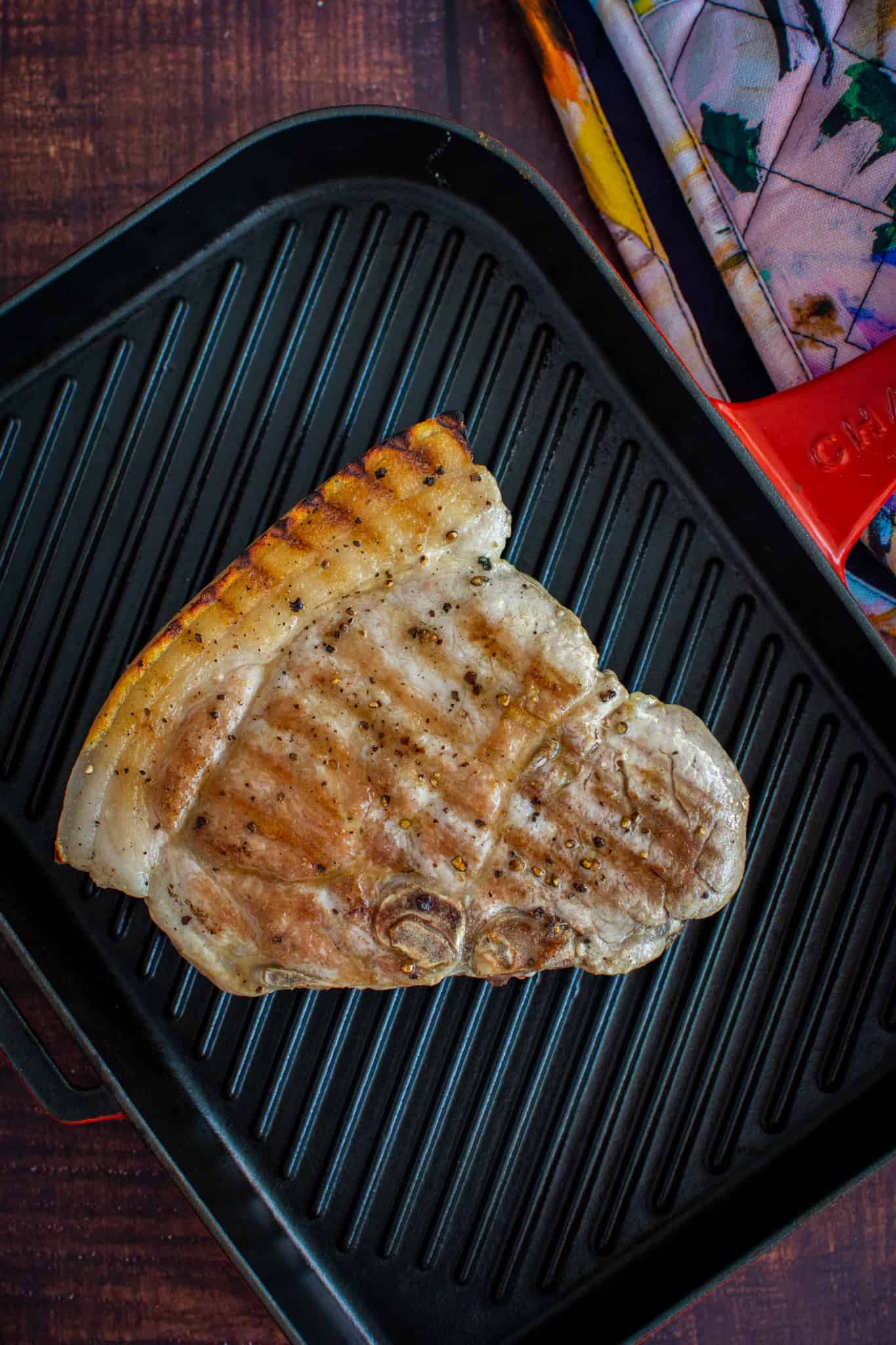 Grilled pork steak in a chassuer grill pan