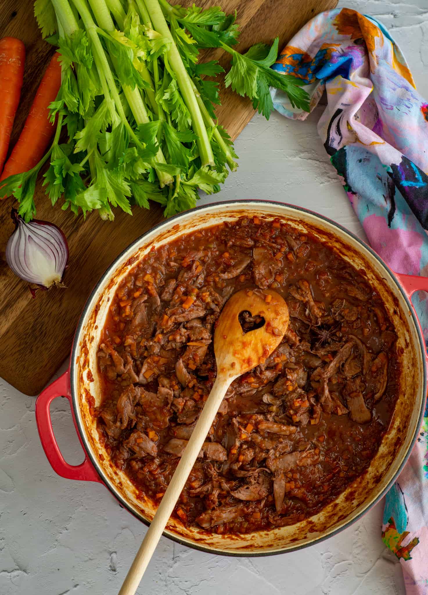 Finished duck ragu in pan after being cooked