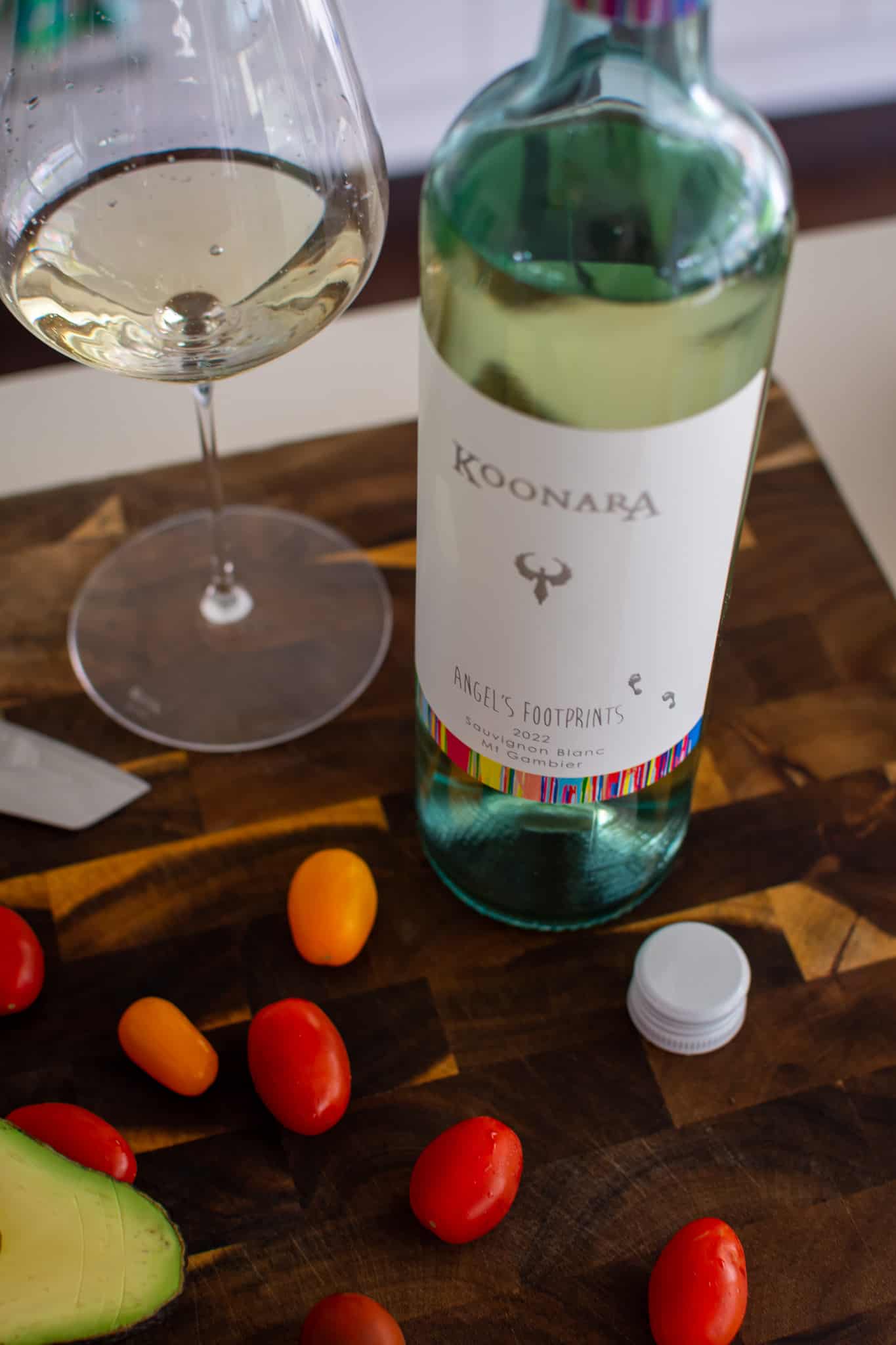 close up of Koonara sauvignon blanc wine on a chopping board