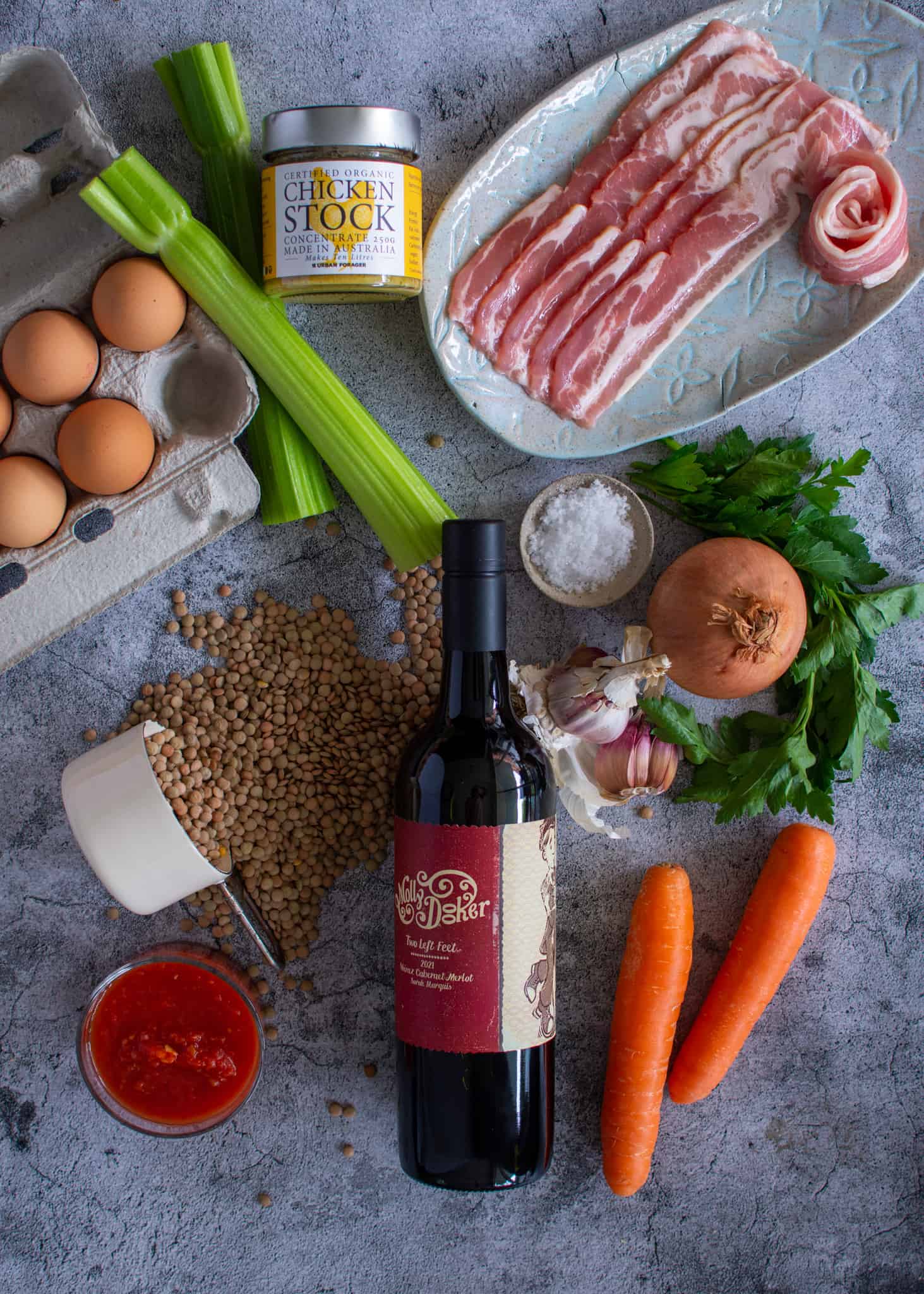 birdseye view of all ingredients being used to make bacon lentil stew